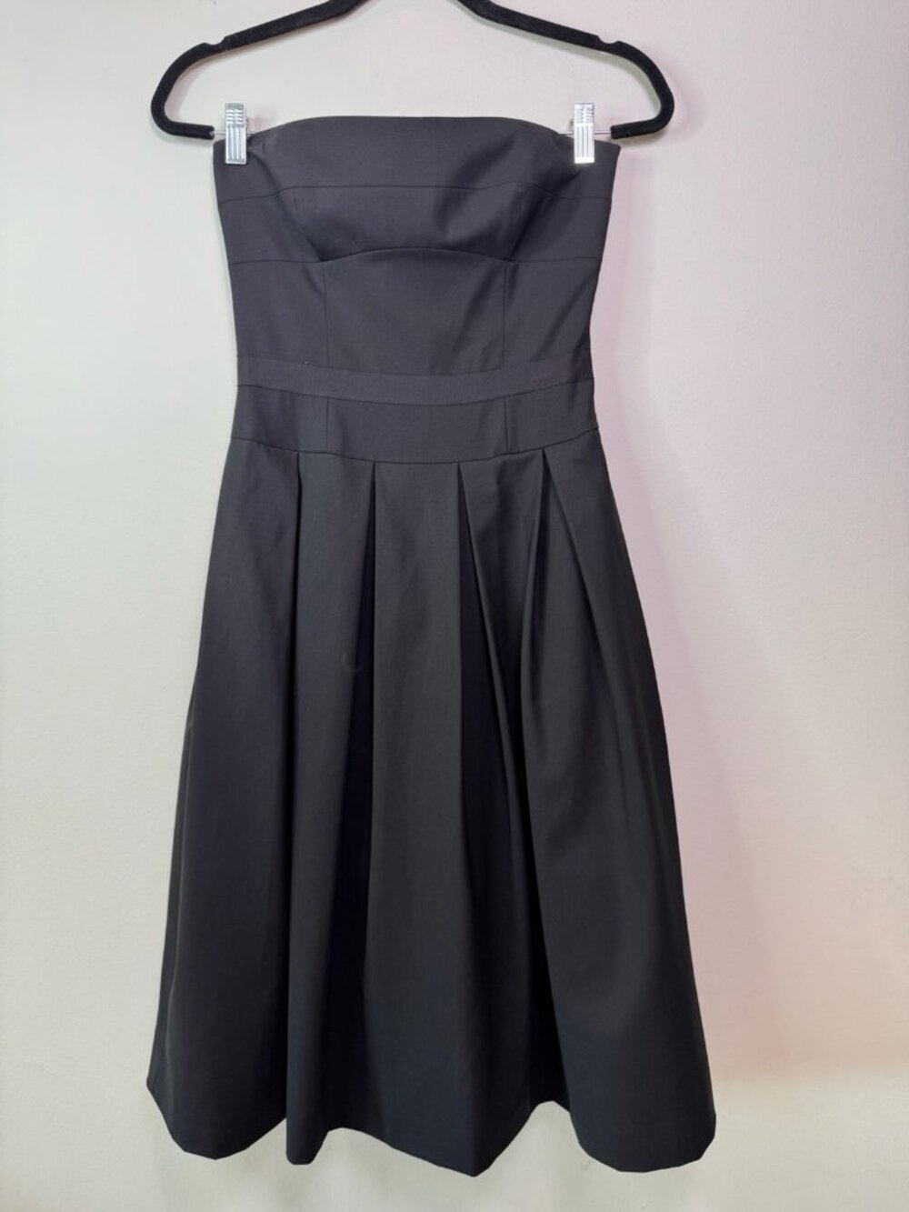 Theory Black Wool Spandex Strapless Midi Dress Pleated Front Women Size 4